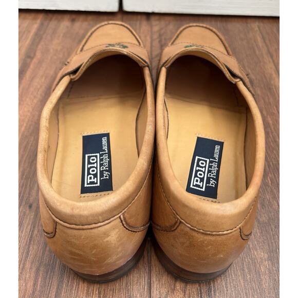POLO RALPH LAUREN Men’s Vintage Camel Leather Embroidered Crest Loafers Sz 9.5D main image 5